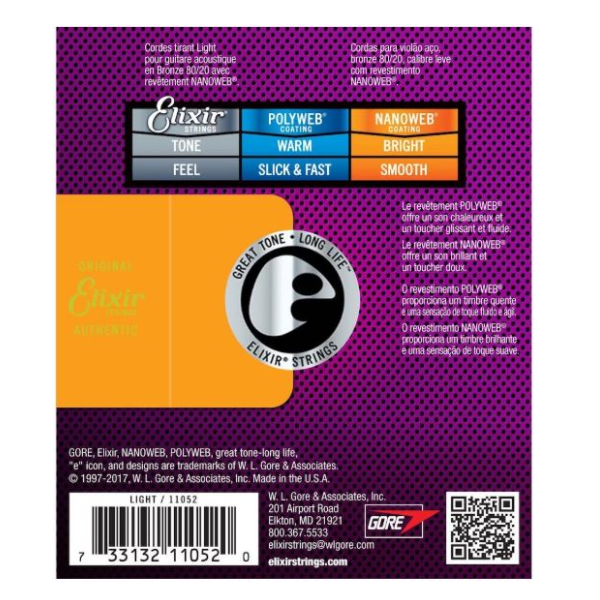 Elixir 1253 Nanoweb 80/20 Bronze Light Acoustic Guitar Strings